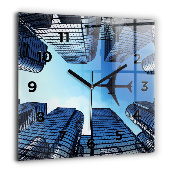 Square glass wall clock Airplane over buildings
