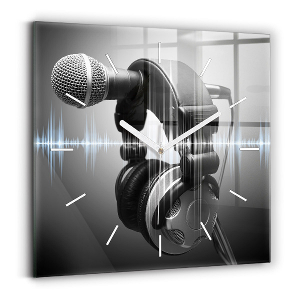 Square glass wall clock Microphone and Headphones