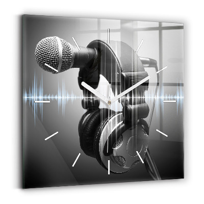Square glass wall clock Microphone and Headphones