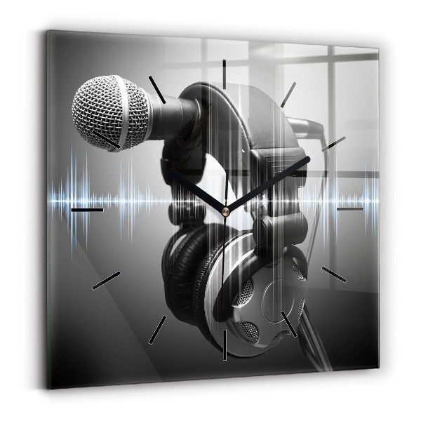 Square glass wall clock Microphone and Headphones