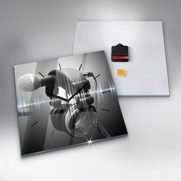 Square glass wall clock Microphone and Headphones