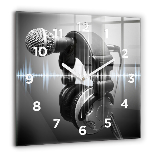 Square glass wall clock Microphone and Headphones