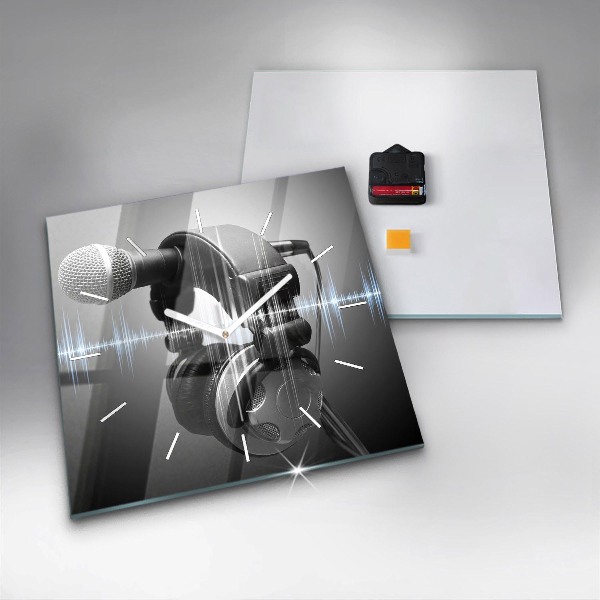 Square glass wall clock Microphone and Headphones