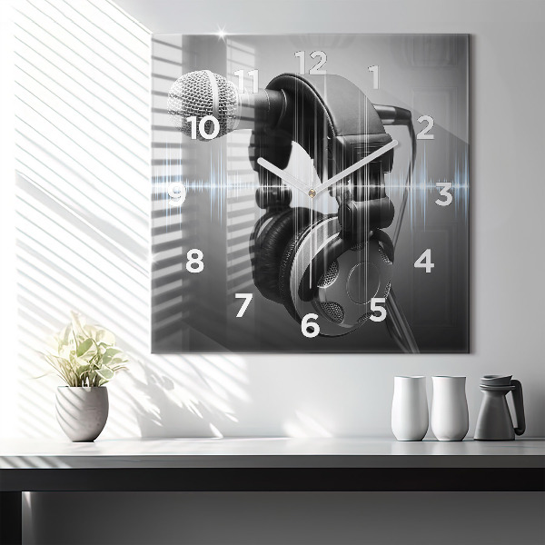 Square glass wall clock Microphone and Headphones