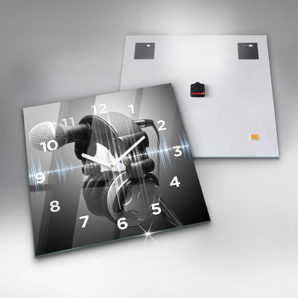 Square glass wall clock Microphone and Headphones