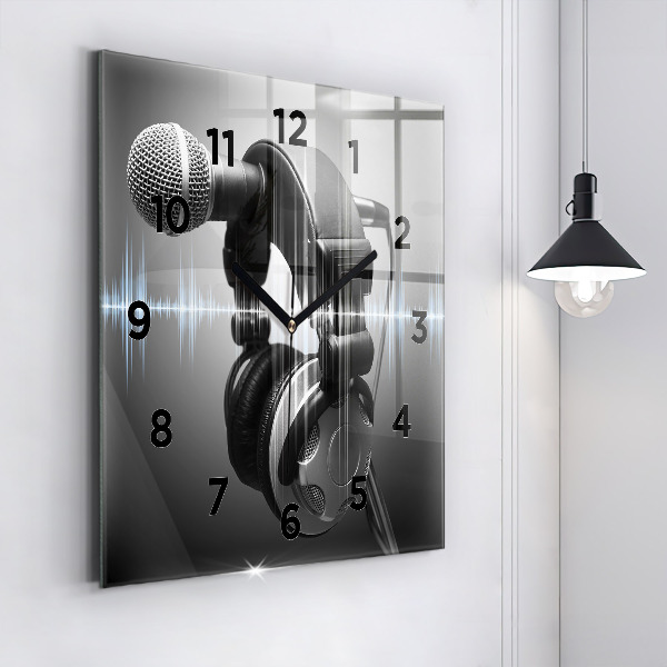 Square glass wall clock Microphone and Headphones