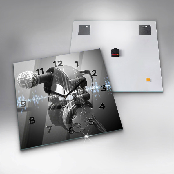 Square glass wall clock Microphone and Headphones
