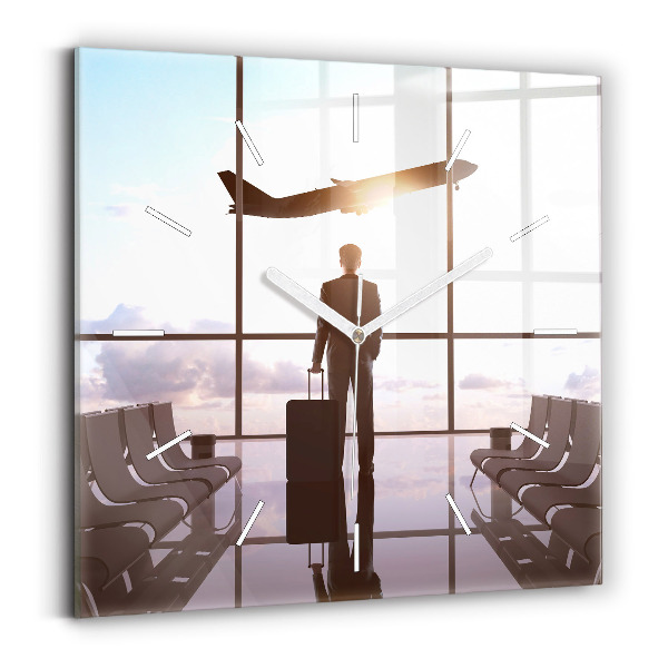 Square glass wall clock Man at the airport