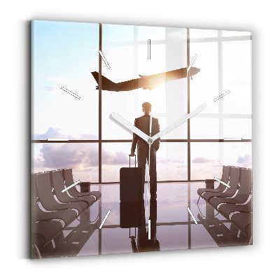 Square glass wall clock Man at the airport