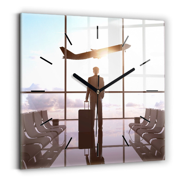 Square glass wall clock Man at the airport