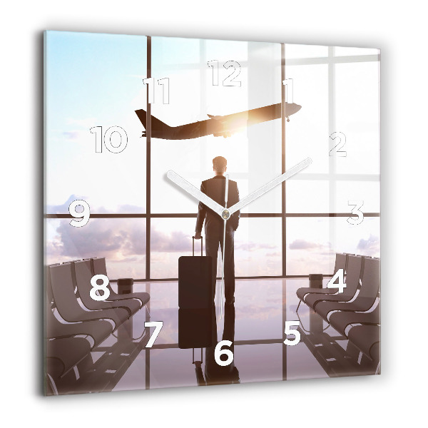 Square glass wall clock Man at the airport