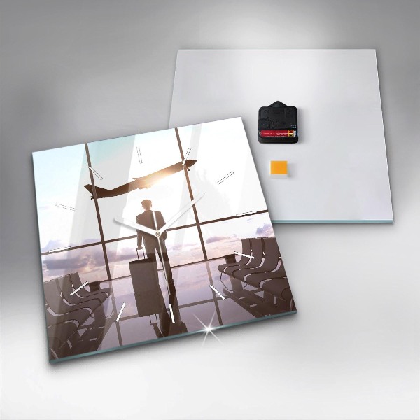 Square glass wall clock Man at the airport