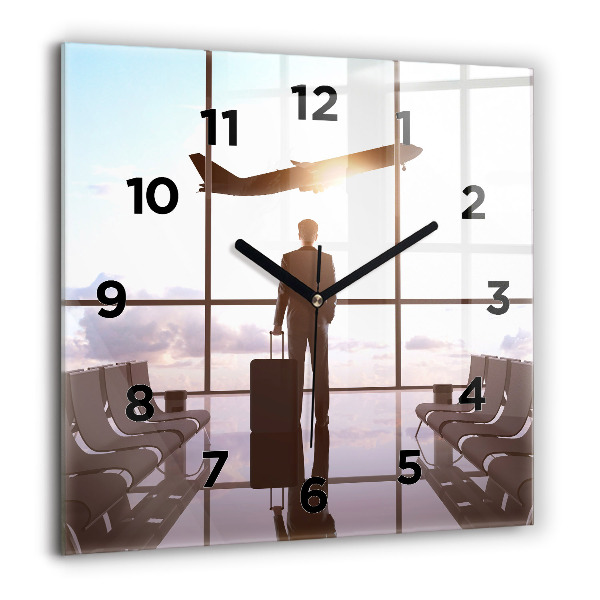Square glass wall clock Man at the airport
