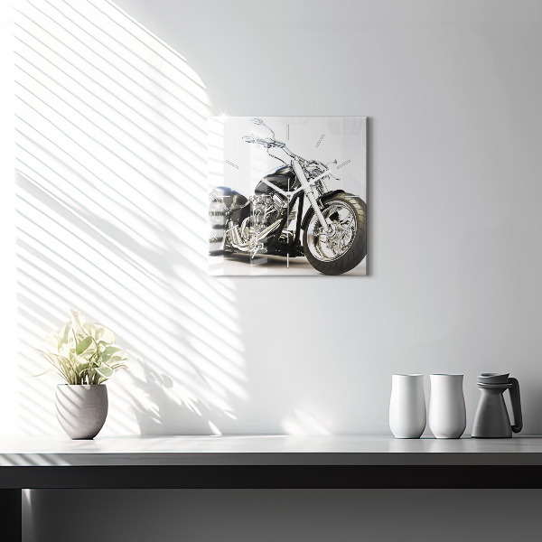 Square glass wall clock Black motorcycle