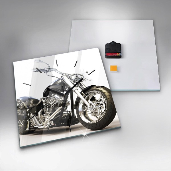 Square glass wall clock Black motorcycle