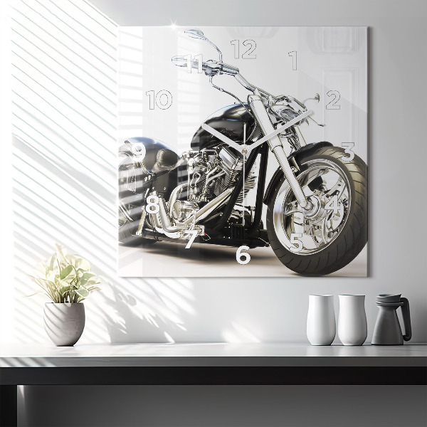 Square glass wall clock Black motorcycle
