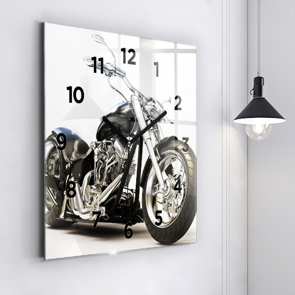 Square glass wall clock Black motorcycle