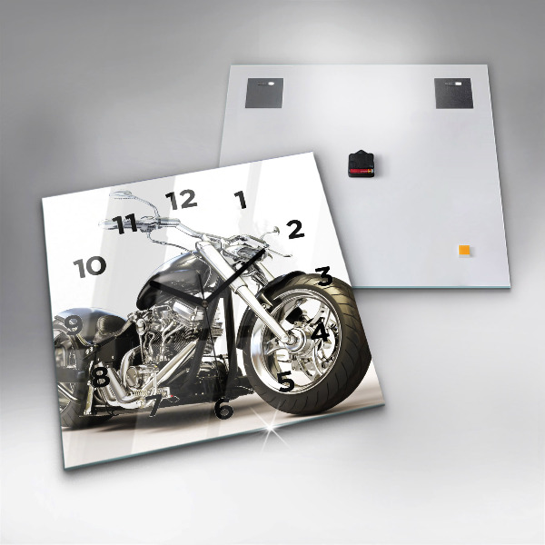 Square glass wall clock Black motorcycle