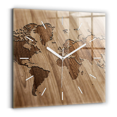 Square glass wall clock World map on wood