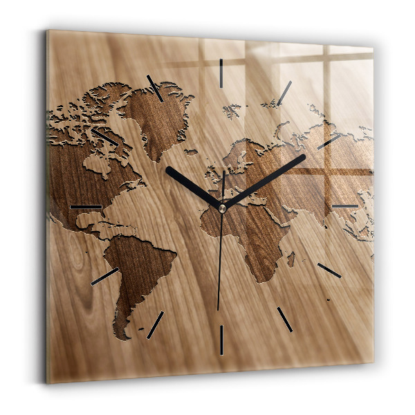 Square glass wall clock World map on wood
