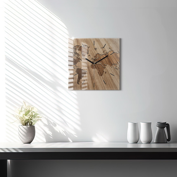 Square glass wall clock World map on wood