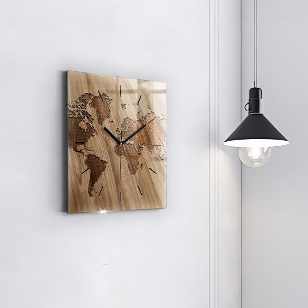 Square glass wall clock World map on wood