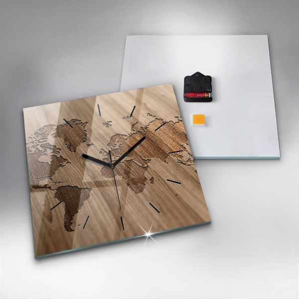 Square glass wall clock World map on wood