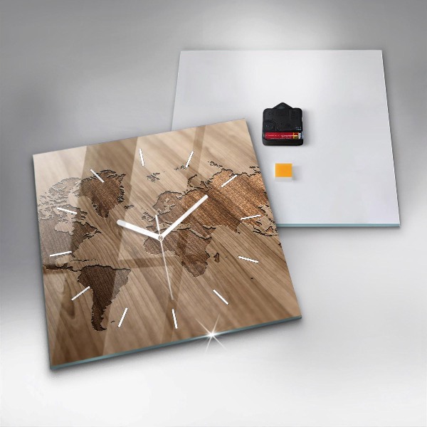 Square glass wall clock World map on wood