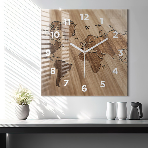 Square glass wall clock World map on wood