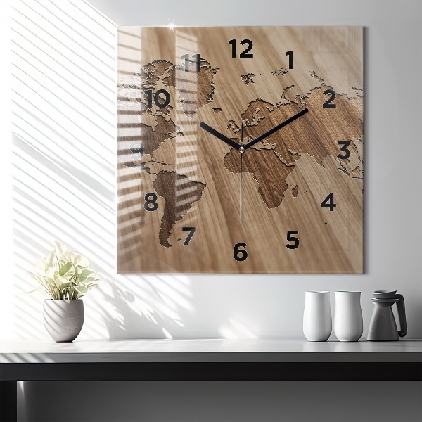 Square glass wall clock World map on wood