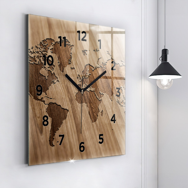 Square glass wall clock World map on wood