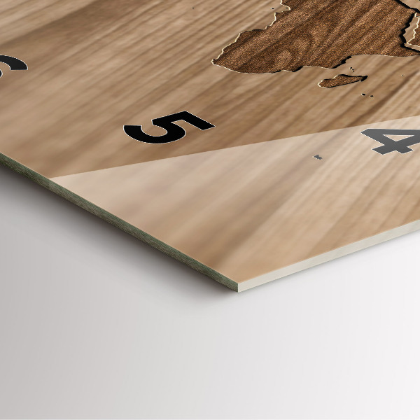 Square glass wall clock World map on wood