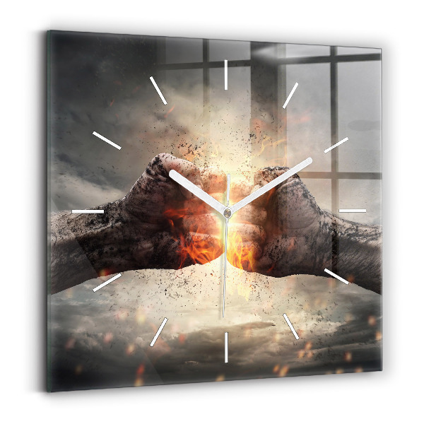 Square glass wall clock Fists Strength Power