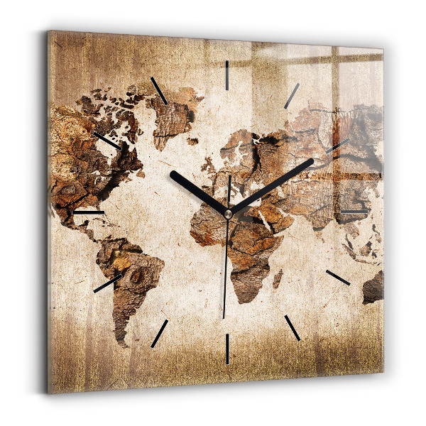 Square glass wall clock Vintage world map