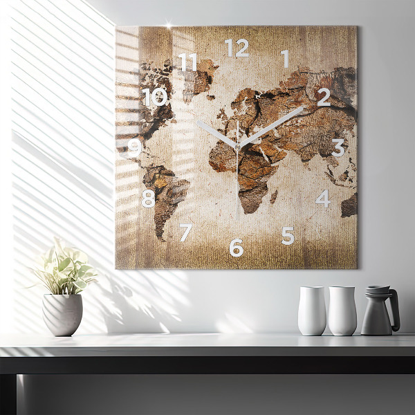 Square glass wall clock Vintage world map