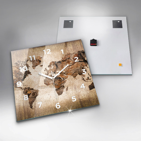 Square glass wall clock Vintage world map