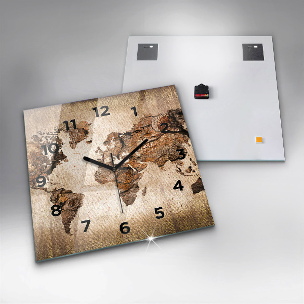 Square glass wall clock Vintage world map
