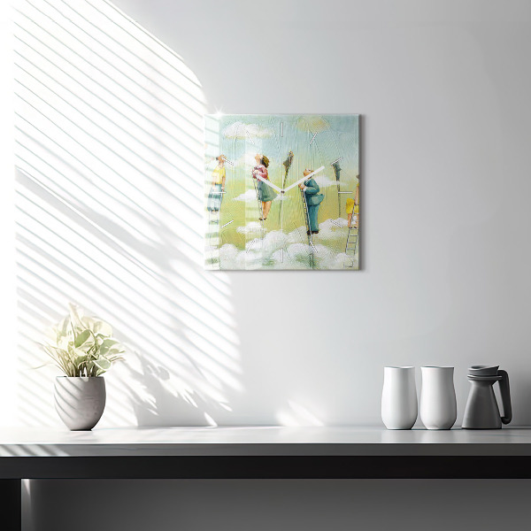 Square glass wall clock People on the ladder