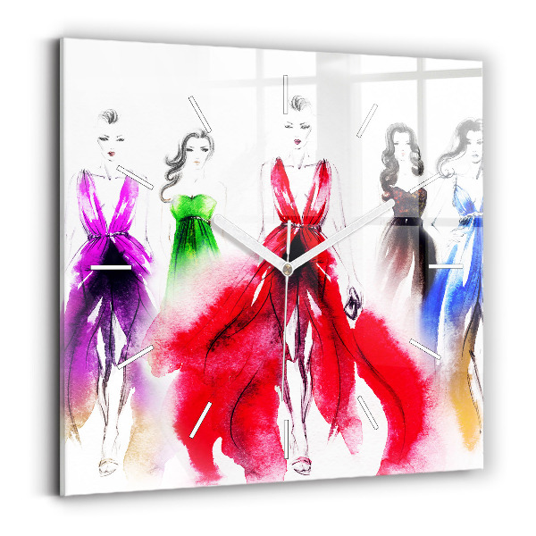 Square glass wall clock Women in colorful dresses