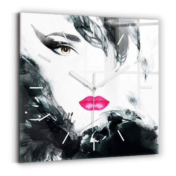 Square glass wall clock Portrait of a woman red lips