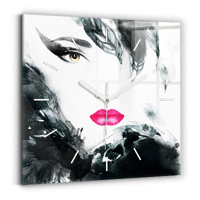 Square glass wall clock Portrait of a woman red lips
