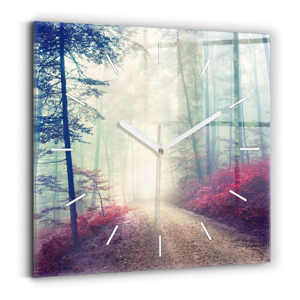 Square glass wall clock Autumn road Forest Fog