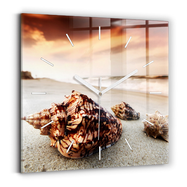 Square glass wall clock A shell on the beach
