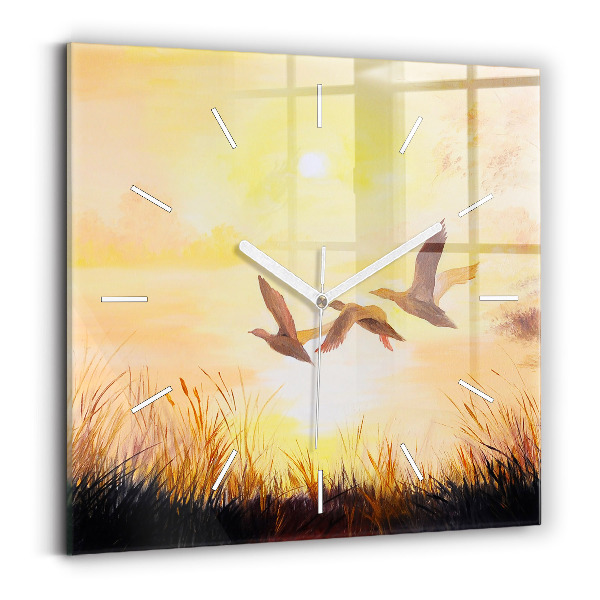 Square glass wall clock Cranes at sunset