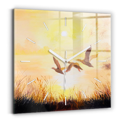 Square glass wall clock Cranes at sunset
