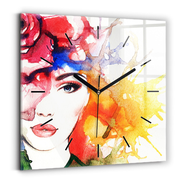 Square glass wall clock Colorful portrait of a woman