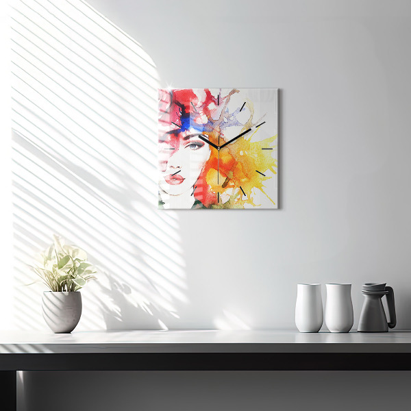 Square glass wall clock Colorful portrait of a woman