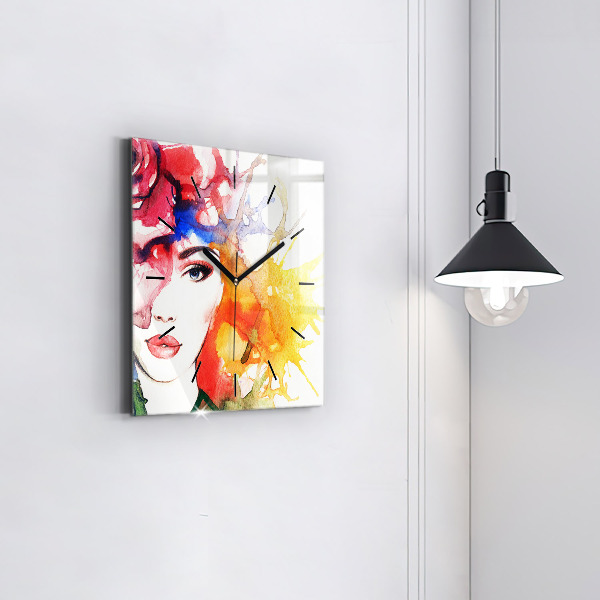 Square glass wall clock Colorful portrait of a woman