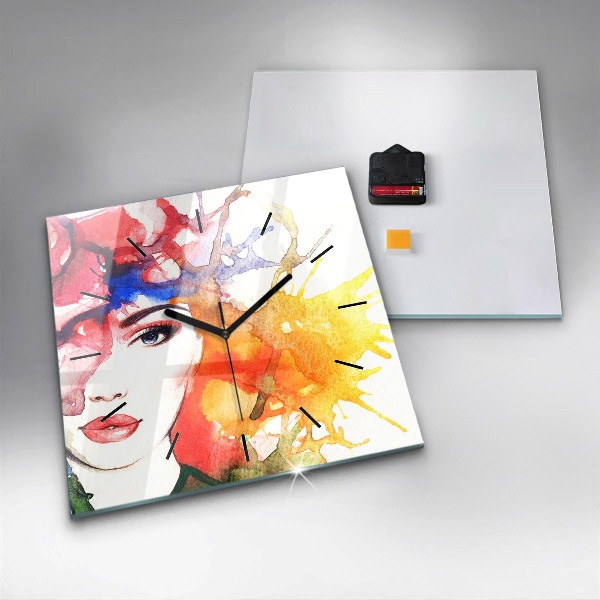 Square glass wall clock Colorful portrait of a woman