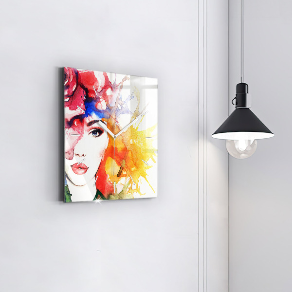 Square glass wall clock Colorful portrait of a woman